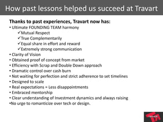How past lessons helped us succeed at Travart
Thanks to past experiences, Travart now has:
• Ultimate FOUNDING TEAM harmon...