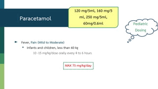 ► Fever, Pain (Mild to Moderate)
• infants and children, less than 60 kg
10 -15 mg/kg/dose orally every 4 to 6 hours
Paracetamol
Pediatric
Dosing
MAX 75 mg/kg/day
120 mg/5ml, 160 mg/5
ml, 250 mg/5ml,
60mg/0.6ml
 