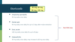 ► Ankylosing spondylitis
90 mg orally once daily
► Dental pain
90 mg orally once daily for up to 3 days after molar extraction
► Gout, acute
120 mg orally once daily for up to 8 days
► Osteoarthritis
30 mg orally once daily; may increase to 60 mg once daily
Etoricoxib
Non-FDA Uses
30 mg, 60 mg,
90 mg, 120 mg
 