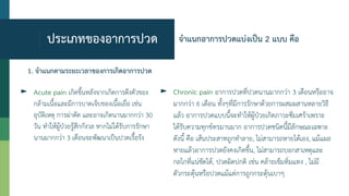 ประเภทของอาการปวด
► Acute pain เกิดขึ้นหลังจากเกิดการตึงตัวของ
กล้ามเนื้อและมีการบาดเจ็บของเนื้อเยื่อ เช่น
อุบัติเหตุ การผ่าตัด และอาจเกิดนานมากกว่า 30
วัน ทาให้ผู้ป่วยรู้สึกกังวล หากไม่ได้รับการรักษา
นานมากกว่า 3 เดือนจะพัฒนาเป็นปวดเรื้อรัง
► Chronic pain อาการปวดที่ปวดนานมากกว่า 3 เดือนหรืออาจ
มากกว่า 6 เดือน ทั้งๆที่มีการรักษาด้วยการผสมผสานหลายวิธี
แล้ว อาการปวดแบบนี้จะทาให้ผู้ป่วยเกิดภาวะซึมเศร้าเพราะ
ได้รับความทุกข์ทรมานมาก อาการปวดชนิดนี้มีลักษณะเฉพาะ
ดังนี้ คือ เส้นประสาทถูกทาลาย, ไม่สามารถหายได้เอง, แม้แผล
หายแล้วอาการปวดยังคงเกิดขึ้น, ไม่สามารถบอกสาเหตุและ
กลไกที่แน่ชัดได้, ปวดผิดปกติ เช่น คล้ายเข็มทิ่มแทง , ไม่มี
ตัวกระตุ้นหรือปวดแม้แต่การถูกกระตุ้นเบาๆ
จาแนกอาการปวดแบ่งเป็น 2 แบบ คือ
1. จาแนกตามระยะเวลาของการเกิดอาการปวด
 