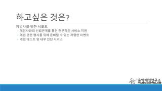 하고싶은 것은?
심도 있는 설문조사를 통한 유저의 의견 분석
◦ 게임을 이용하는 사람, 이용하지 않는 사람, 깊게 파고든 마니아 모두가 서로 다른 시선
◦ 이런 부분에 대해 정확하게 분석할 수 있는 설문조사 시스템이 필요.
◦ 게임 경험에 대한 유형별 분석을 통해 보다 정확한 의견을 도출
음악게임연구소 자유비평
비디오 중의 화면
 