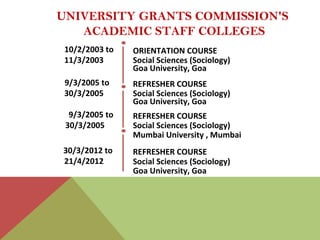 UNIVERSITY GRANTS COMMISSION'S
ACADEMIC STAFF COLLEGES
ORIENTATION COURSE
Goa University, Goa
10/2/2003 to
11/3/2003 Socia...