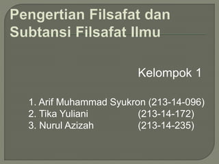 Kelompok 1
1. Arif Muhammad Syukron (213-14-096)
2. Tika Yuliani (213-14-172)
3. Nurul Azizah (213-14-235)
 