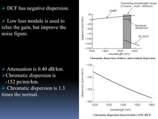  DCF has negative dispersion.
 Low loss module is used to
relax the gain, but improve the
noise figure.
 Attenuation is 0.40 dB/km.
Chromatic dispersion is
-152 ps/nm/km.
 Chromatic dispersion is 1.3
times the normal.
 