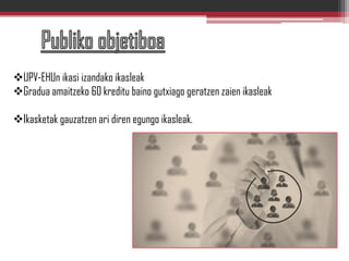 UPV-EHUn ikasi izandako ikasleak
Gradua amaitzeko 60 kreditu baino gutxiago geratzen zaien ikasleak
Ikasketak gauzatzen ari diren egungo ikasleak.
 