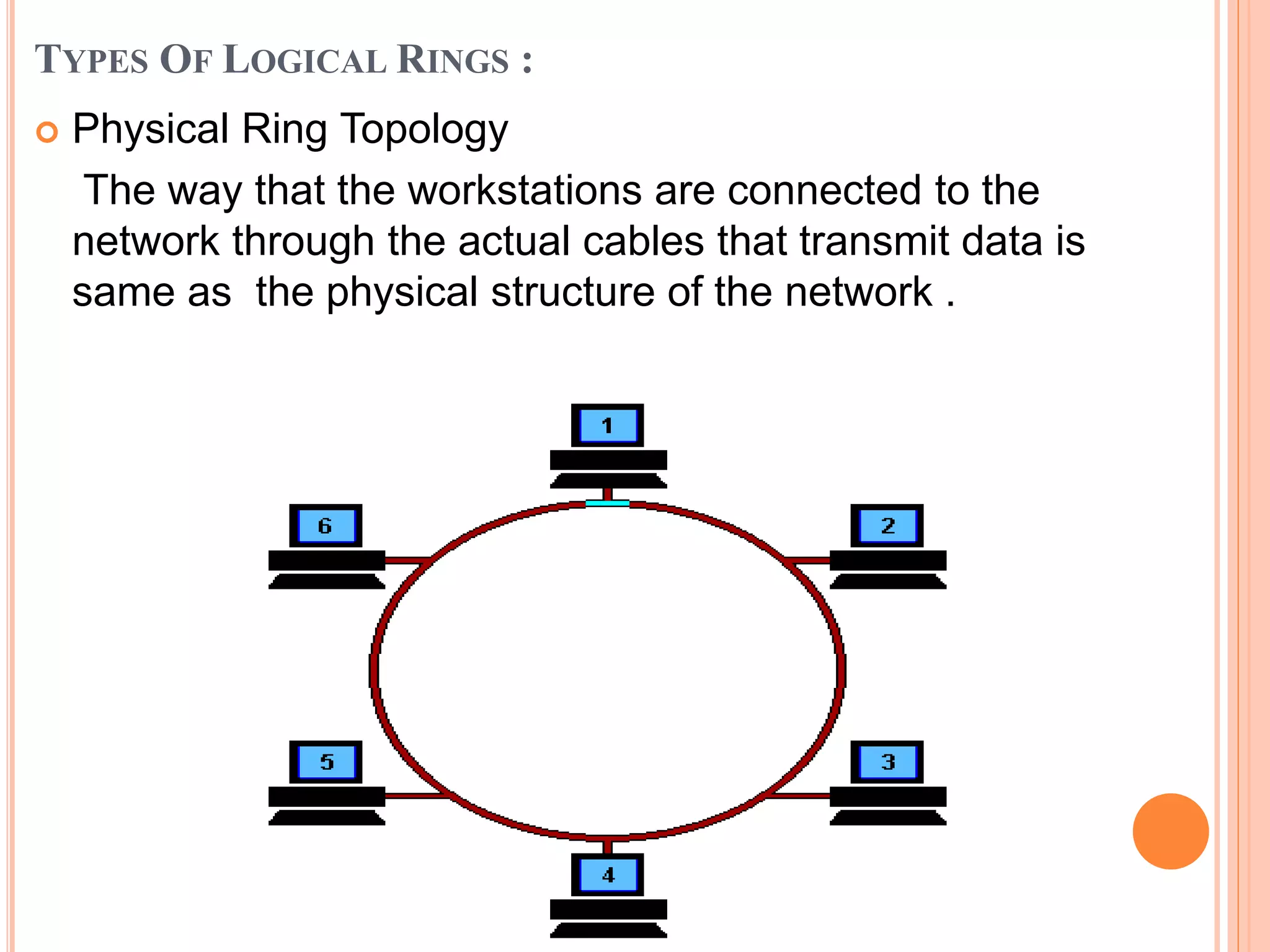 TYPES OF LOGICAL RINGS :
 Physical Ring Topology
The way that the workstations are connected to the
network through the actual cables that transmit data is
same as the physical structure of the network .
 