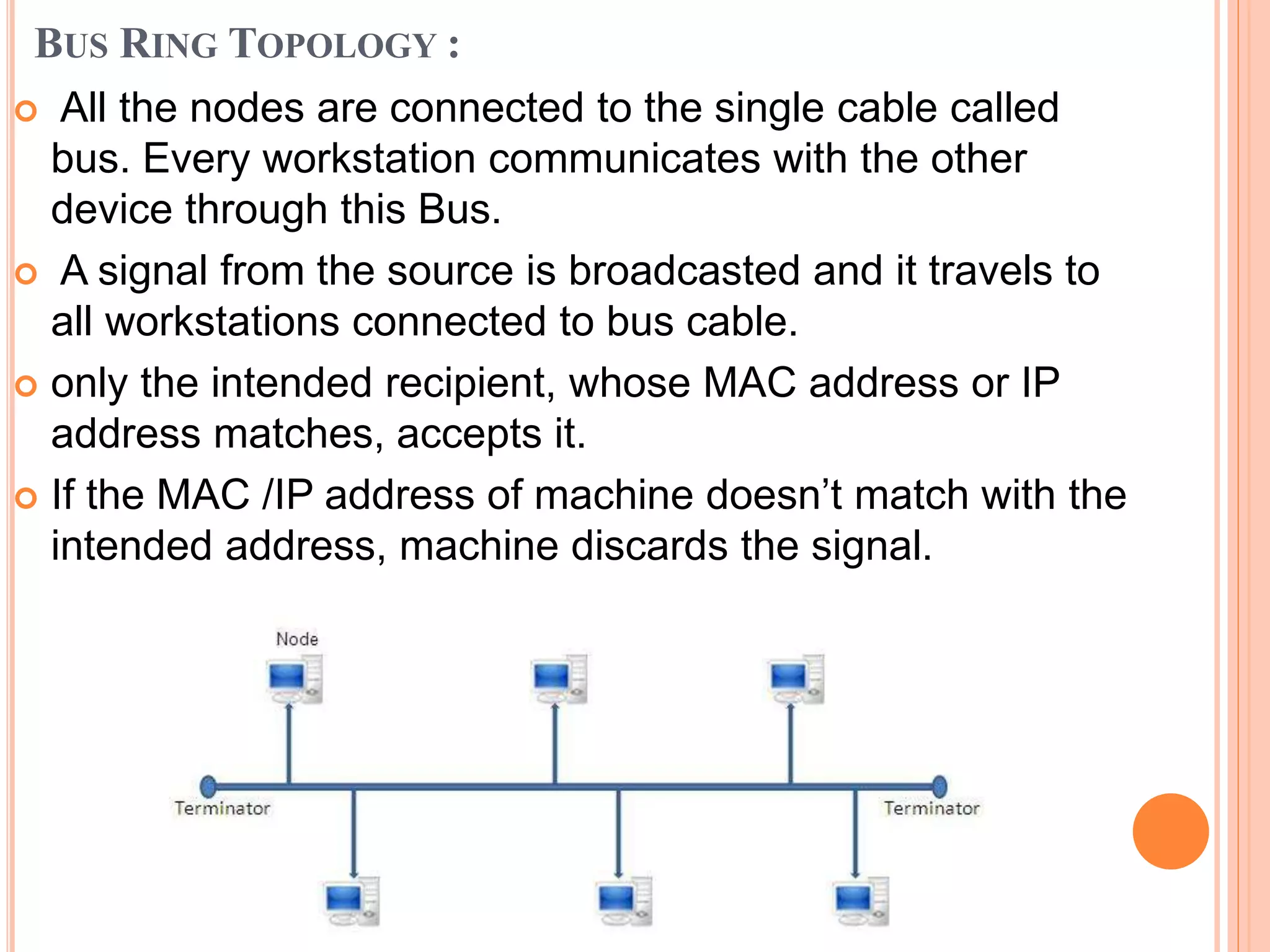 BUS RING TOPOLOGY :
 All the nodes are connected to the single cable called
bus. Every workstation communicates with the other
device through this Bus.
 A signal from the source is broadcasted and it travels to
all workstations connected to bus cable.
 only the intended recipient, whose MAC address or IP
address matches, accepts it.
 If the MAC /IP address of machine doesn’t match with the
intended address, machine discards the signal.
 