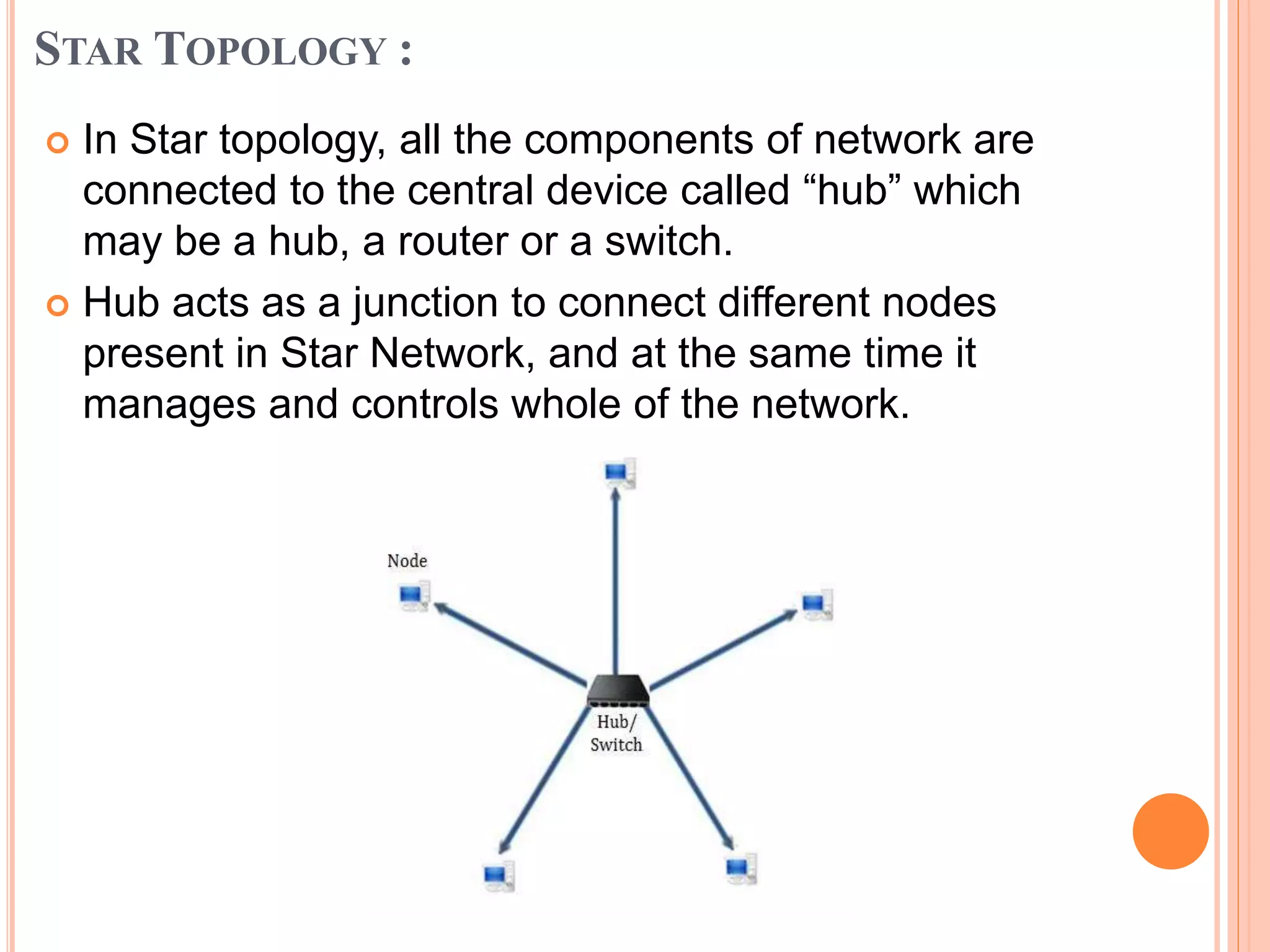 STAR TOPOLOGY :
 In Star topology, all the components of network are
connected to the central device called “hub” which
may be a hub, a router or a switch.
 Hub acts as a junction to connect different nodes
present in Star Network, and at the same time it
manages and controls whole of the network.
 