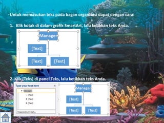 Untuk memasukan teks pada bagan organisasi dapat dengan cara:
1. Klik kotak di dalam grafik SmartArt, lalu ketikkan teks Anda.
2. Klik [Teks] di panel Teks, lalu ketikkan teks Anda.
 