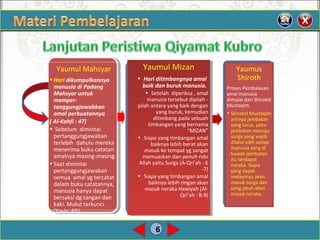 6
Yaumul Mahsyar
•Hari dikumpulkannya
manusia di Padang
Mahsyar untuk
memper-
tanggungjawabkan
amal perbuatannya
( Al-Kahfi : 47)
• Sebelum dimintai
pertanggungjawaban
terlebih dahulu mereka
menerima buku catatan
amalnya masing-masing.
•Saat dimintai
pertanggungjawaban
semua amal yg tercatat
dalam buku catatannya,
manusia hanya dapat
bersaksi dg tangan dan
kaki. Mulut terkunci
(Yasin :65)
Yaumul Mizan
• Hari ditimbangnya amal
baik dan buruk manusia.
• Setelah diperiksa , amal
manusia tersebut dipilah -
pilah antara yang baik dengan
yang buruk, kemudian
ditimbang pada sebuah
timbangan yang bernama
“MIZAN”
• Siapa yang timbangan amal
baiknya lebih berat akan
masuk ke tempat yg sangat
memuaskan dan penuh rido
Allah yaitu Surga (A-Qri’ah : 6
-7)
• Siapa yang timbangan amal
baiknya lebih ringan akan
masuk neraka Hawiyah (Al-
Qri’ah : 8-9)
Yaumul Mizan
• Hari ditimbangnya amal
baik dan buruk manusia.
• Setelah diperiksa , amal
manusia tersebut dipilah -
pilah antara yang baik dengan
yang buruk, kemudian
ditimbang pada sebuah
timbangan yang bernama
“MIZAN”
• Siapa yang timbangan amal
baiknya lebih berat akan
masuk ke tempat yg sangat
memuaskan dan penuh rido
Allah yaitu Surga (A-Qri’ah : 6
-7)
• Siapa yang timbangan amal
baiknya lebih ringan akan
masuk neraka Hawiyah (Al-
Qri’ah : 8-9)
Yaumus
Shiroth
Proses Pembalasan
amal manusia
dimulai dari Shirotol
Mustaqim.
• Shirotol Mustaqim
artinya jembatan
yang lurus, yaitu
jembatan menuju
surga yang wajib
dilalui oleh setiap
manusia yang di
bawah jembatan
itu terdapat
neraka. Siapa
yang dapat
melauinya akan
masuk surga dan
yang jatuh akan
masuk neraka.
 