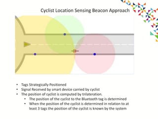 Cyclist Location Sensing Beacon Approach
• Tags Strategically Positioned
• Signal Received by smart device carried by cyclist
• The position of cyclist is computed by trilateration.
• The position of the cyclist to the Bluetooth tag is determined
• When the position of the cyclist is determined in relation to at
least 3 tags the position of the cyclist is known by the system
 