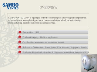 OVERVIEW
SAMBO VENTEC CORP is equipped with the technologicalknowledge and experience
to manufacture a complete hyperbaric chamber solution, which includes design,
manufacturing, operation and maintenance service.
Foundation : 1992
Product Category : Medical appliances
Certification: Korean FDA for HB-501 and HB-301
Reference: 500 units to Korea, Japan, USA, Vietnam, Singapore, Russia
Products : Hyperbaric chamber & Ultrasonic wave& Low frequency SPUR
 