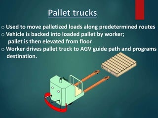 o Used to move palletized loads along predetermined routes
o Vehicle is backed into loaded pallet by worker;
pallet is then elevated from floor
o Worker drives pallet truck to AGV guide path and programs
destination.
 