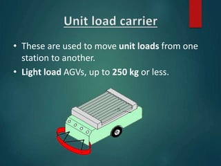 • These are used to move unit loads from one
station to another.
• Light load AGVs, up to 250 kg or less.
 