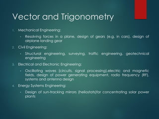 Vector and Trigonometry
1. Mechanical Engineering:
• Resolving forces in a plane, design of gears (e.g. in cars), design of
airplane landing gear
2. Civil Engineering:
• Structural engineering, surveying, traffic engineering, geotechnical
engineering
3. Electrical and Electronic Engineering:
• Oscillating waves (circuits, signal processing),electric and magnetic
fields, design of power generating equipment, radio frequency (RF),
systems and antenna design
4. Energy Systems Engineering:
• Design of sun‐tracking mirrors (heliostats)for concentrating solar power
plants
 