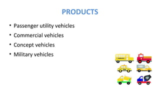 PRODUCTS
• Passenger utility vehicles
• Commercial vehicles
• Concept vehicles
• Military vehicles
 