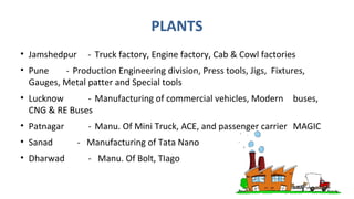 PLANTS
• Jamshedpur - Truck factory, Engine factory, Cab & Cowl factories
• Pune - Production Engineering division, Press tools, Jigs, Fixtures,
Gauges, Metal patter and Special tools
• Lucknow - Manufacturing of commercial vehicles, Modern buses,
CNG & RE Buses
• Patnagar - Manu. Of Mini Truck, ACE, and passenger carrier MAGIC
• Sanad - Manufacturing of Tata Nano
• Dharwad - Manu. Of Bolt, TIago
 