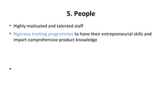 5. People
• Highly motivated and talented staff
• Rigorous training programmes to hone their entrepreneurial skills and
impart comprehensive product knowledge
6. Processes
• motors follow Balanced Scorecard Collaborative, Inc for
achieving excellence
 