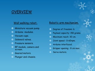 OVERVIEW
Wall walking robot.
 Miniature vacuum pump.
 Arduino modules.
 Vacuum cups.
 Solenoid valves.
 Pressure sensors.
 RF module, camera and
screen.
 Geared motors.
 Plunger and chassis.
Robotic arm mechanism.
 Degree of freedom: 6.
 Payload capacity: 150 grams.
 Maximum reach: 30 cm.
 Joint speed : 0-60rpm.
 Arduino interfaced.
 Gripper opening : 8 cm max.
 Servo motors.
 