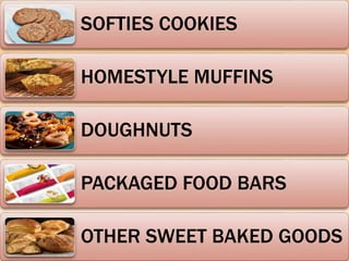 SOFTIES COOKIES
HOMESTYLE MUFFINS
DOUGHNUTS
PACKAGED FOOD BARS
OTHER SWEET BAKED GOODS
 