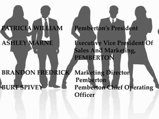 PATRICIA WILLIAM Pemberton’s President
ASHLEY MARNE Executive Vice President Of
Sales And Marketing,
PEMBERTON
BRANDON FREDRICK Marketing Director
Pemberton
BURT SPIVEY Pemberton Chief Operating
Officer
 