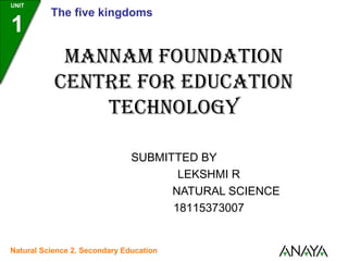 UNIT
1
The five kingdoms
Natural Science 2. Secondary Education
MANNAM FOUNDATION
CENTRE FOR EDUCATION
TECHNOLOGY
SUBMITTED BY
LEKSHMI R
NATURAL SCIENCE
18115373007
 