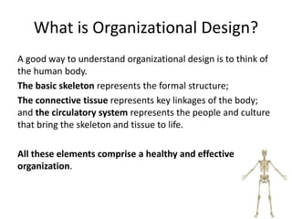 What is Organizational Design?
A good way to understand organizational design is to think of
the human body.
The basic skeleton represents the formal structure;
The connective tissue represents key linkages of the body;
and the circulatory system represents the people and culture
that bring the skeleton and tissue to life.
All these elements comprise a healthy and effective
organization.
 
