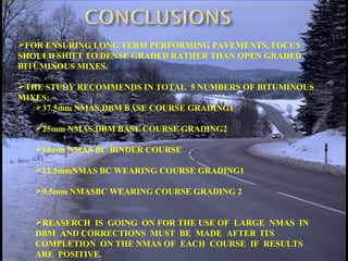 FOR ENSURING LONG TERM PERFORMING PAVEMENTS, FOCUS
SHOULD SHIFT TO DENSE GRADED RATHER THAN OPEN GRADED
BITUMINOUS MIXES.
THE STUDY RECOMMENDS IN TOTAL 5 NUMBERS OF BITUMINOUS
MIXES:
37.5mm NMAS,DBM BASE COURSE GRADING1
25mm NMAS,DBM BASE COURSE GRADING2
19mm NMAS BC BINDER COURSE
12.5mmNMAS BC WEARING COURSE GRADING1
9.5mm NMASBC WEARING COURSE GRADING 2
REASERCH IS GOING ON FOR THE USE OF LARGE NMAS IN
DBM AND CORRECTIONS MUST BE MADE AFTER ITS
COMPLETION ON THE NMAS OF EACH COURSE IF RESULTS
ARE POSITIVE.
 