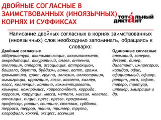 Написание двойных согласных в корнях заимствованных
(иноязычных) слов необходимо запоминать, обращаясь к
словарю:
Двойные согласные
аббревиатура, акклиматизация, аккомпанемент,
аккредитация, аккуратный, аллея, антенна,
апелляция, аппарат, ассоциация, аттракцион,
бацилла, брутто, буддизм, ванна, ватт, грамм,
грамматика, грипп, группа, иллюзия, иллюстрация,
иммиграция, ирригация, касса, кассета, киллер,
класс, коллекция, колонна, комментировать,
коммуна, компромисс, корреспондент, коррида,
коррозия, коррупция, масса, металл, миссия, новелла,
оппозиция, пицца, пресс, пресса, программа,
профессор, раввин, спиннинг, стеллаж, суббота,
терраса, террор, тонна, триллер, труппа,
хлорофилл, хоккей, эксцесс, эссенция
Одиночные согласные
алюминий, галерея,
десерт, дилер,
дилетант, импресарио,
коридор, офис,
официальный, офшор,
рапорт, раса, софит,
тореро, тротуар,
штекер, эмиграция и
др.
ДВОЙНЫЕ СОГЛАСНЫЕ В
ЗАИМСТВОВАННЫХ (ИНОЯЗЫЧНЫХ)
КОРНЯХ И СУФФИКСАХ
 