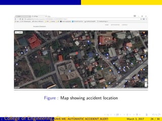 Figure : Map showing accident location
( College of Engineering, Cherthala)SAVE ME: AUTOMATIC ACCIDENT ALERT SYSTEM FOR AUTOMOBILESMarch 3, 2017 26 / 30
 