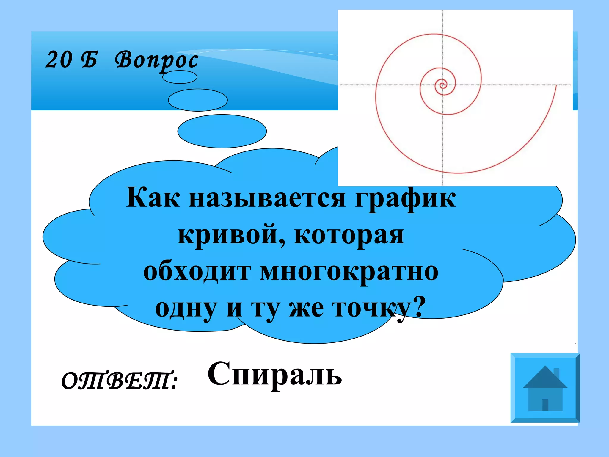 Как называется график
кривой, которая
обходит многократно
одну и ту же точку?
20 Б Вопрос
ОТВЕТ: Спираль
 