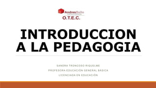 INTRODUCCION
A LA PEDAGOGIA
SANDRA TRONCOSO RIQUELME
PROFESORA EDUCACIÓN GENERAL BÁSICA
LICENCIADA EN EDUCACIÓN
 