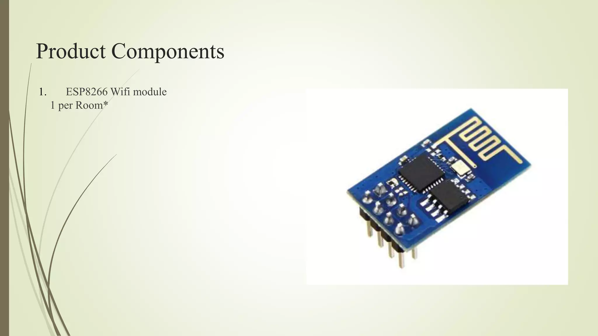 Product Components
1. ESP8266 Wifi module
1 per Room*
 