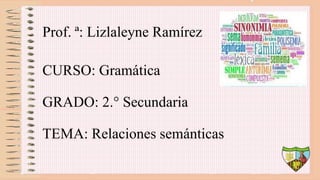 Prof. ª: Lizlaleyne Ramírez
CURSO: Gramática
GRADO: 2.° Secundaria
TEMA: Relaciones semánticas
 