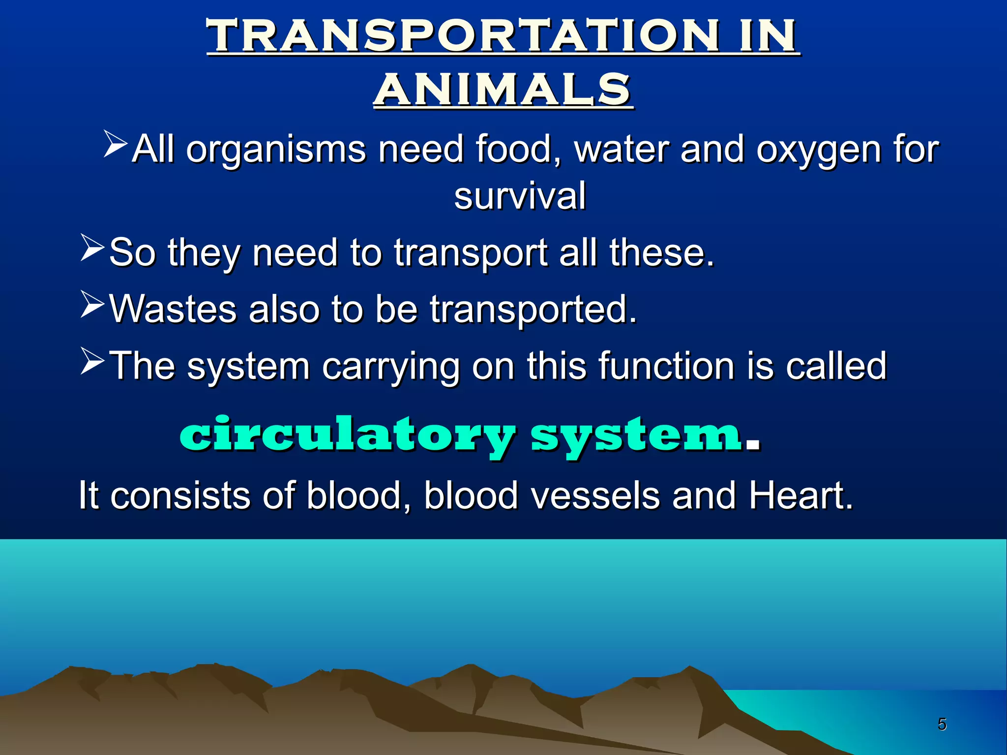 55
TRANSPORTATION INTRANSPORTATION IN
ANIMALSANIMALS
All organisms need food, water and oxygen forAll organisms need food, water and oxygen for
survivalsurvival
So they need to transport all these.So they need to transport all these.
Wastes also to be transported.Wastes also to be transported.
The system carrying on this function is calledThe system carrying on this function is called
circulatory systemcirculatory system..
It consists of blood, blood vessels and Heart.It consists of blood, blood vessels and Heart.
 