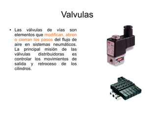 Valvulas
● Las válvulas de vías son
elementos que modifican, abren
o cierran los pasos del flujo de
aire en sistemas neumáticos.
La principal misión de las
válvulas distribuidoras es
controlar los movimientos de
salida y retroceso de los
cilindros.
 