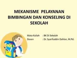 MEKANISME PELAYANAN
BIMBINGAN DAN KONSELING DI
SEKOLAH
Mata Kuliah : BK Di Sekolah
Dosen : Dr. Syarifuddin Dahlan, M.Pd.
 