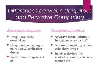 Differences between Ubiquitous
and Pervasive Computing
Ubiquitous computing
 Ubiquitous means
everywhere
 Ubiquitous computing is
more user & application
driven
 involves use computers at
all.
Pervasive computing
 Pervasive means "diffused
throughout every part of“
 Pervasive computing is more
technology driven
 involves devices like
handhelds devices, notebook,
palmtop etc.
 