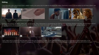 Editing
Carol Vernallis talks about how music videos mainly use jump cuts in order to structure the video. Electronic music is no exception as all three videos use
jump cuts at every stage.
Each video also is matched with the beat when the cuts happens. In video A the cuts changes when there is a change of chord especially in the
introduction part of the video. Video B, changes on the beat and high hat of the song. And video C changes on the clicking beat and chord changes.
During in the chorus, all of the videos pick up the pace. This is because it’s conventional for EDM to pick up tempo during what they call the drop (chorus)
this is the section the song leads up to and is the normally the most memorable part of the song. It’s also the section most people dance to.
Two shots that follow on from each other Two shots that follow on from each other
 