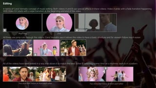 Editing
In terms of Carol Vernallis concept of music editing. Both videos A and B use special effects in there videos. Video A ends with a fade transition happening.
With Video B it starts with a wipe transition at the beginning and end of the video.
All three use jump cuts through the videos. Carol Vernallis says it allows the video to have a basic structure and for viewers follow much easier.
All of the videos have been edited in a way that allows it to match the beat. Either it switching scene/shot on a rhythmic beat or in a pattern.
Two shots that follow on from each other Two shots that follow on from each other
Beginning End
 