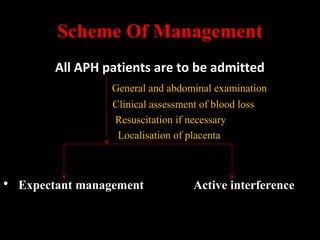 Scheme Of Management
All APH patients are to be admitted
General and abdominal examination
Clinical assessment of blood loss
Resuscitation if necessary
Localisation of placenta
• Expectant management Active interference
 
