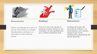 Documentación:
Muchas metodologías de lo que es el
ciclo de vida software, van creando
documentación, conforme se va
avanzando en el desarrollo del
sistema
Despliegue:
Este no es otra cosa, más que el
momento en que el sistema ya está
terminado y ha sido aprobado para
que se elabore el producto final.
Mantenimiento:
La última de las fases del
desarrollo de software, es el
mantenimiento, acá se pueden
agregar lo que son las
actualizaciones, dependiendo del
tipo de desarrollo.
 