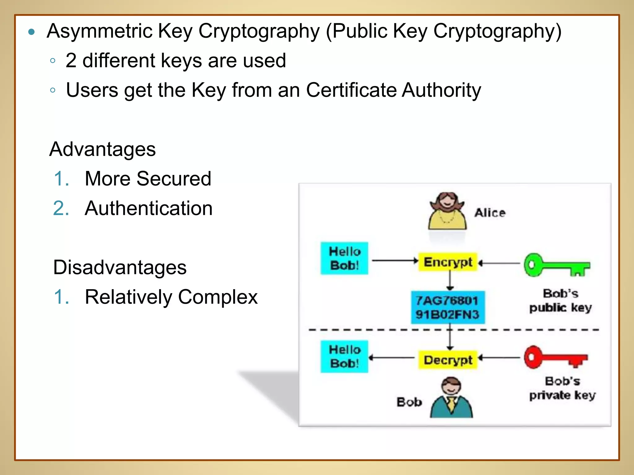  Asymmetric Key Cryptography (Public Key Cryptography)
◦ 2 different keys are used
◦ Users get the Key from an Certificate Authority
Advantages
1. More Secured
2. Authentication
Disadvantages
1. Relatively Complex
 