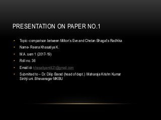 PRESENTATION ON PAPER NO.1
• Topic- comparison between Milton’s Eve and Chetan Bhagat’s Radhika
• Name- Reena Khasatiya K.
• M.A. sem 1 (2017-19)
• Roll no. 36
• Email id- khasatiyamili21@gmail.com
• Submitted to – Dr. Dilip Barad (head of dept.) Maharaja Krishn Kumar
Sinhji uni. Bhavanagar MKBU
 