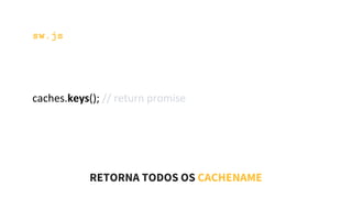 sw.js
caches.keys(); // return promise
RETORNA TODOS OS CACHENAME
 