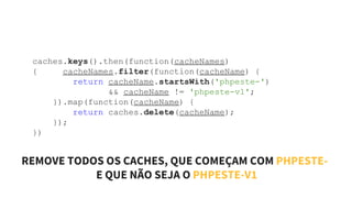 REMOVE TODOS OS CACHES, QUE COMEÇAM COM PHPESTE-
E QUE NÃO SEJA O PHPESTE-V1
caches.keys().then(function(cacheNames)
{ cacheNames.filter(function(cacheName) {
return cacheName.startsWith('phpeste-')
&& cacheName != 'phpeste-v1';
}).map(function(cacheName) {
return caches.delete(cacheName);
});
})
 