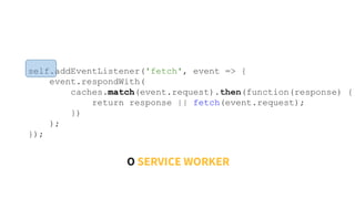 self.addEventListener('fetch', event => {
event.respondWith(
caches.match(event.request).then(function(response) {
return response || fetch(event.request);
})
);
});
O SERVICE WORKER
 