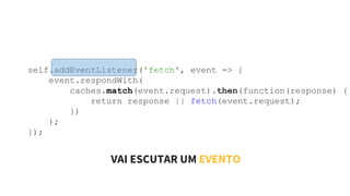 self.addEventListener('fetch', event => {
event.respondWith(
caches.match(event.request).then(function(response) {
return response || fetch(event.request);
})
);
});
VAI ESCUTAR UM EVENTO
 