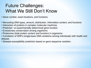 • Gene number, exact locations, and functions
• Noncoding DNA types, amount, distribution, information content, and functions
• Interaction of proteins in complex molecular machines
• Predicted vs experimentally determined gene function
• Evolutionary conservation among organisms
• Proteomes (total protein content and function) in organisms
• Correlation of SNPs (single-base DNA variations among individuals) with health and
disease
• Disease-susceptibility prediction based on gene sequence variation.
Future Challenges:
What We Still Don’t Know
 