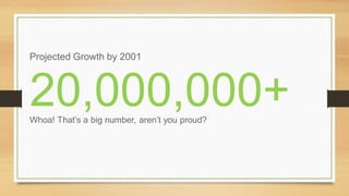 Projected Growth by 2001
20,000,000+Whoa! That’s a big number, aren’t you proud?
 